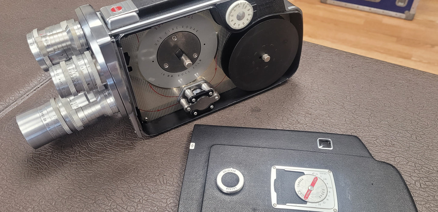 Kodak K-100 Super 16mm Turret Camera Body S# 013995 Non Reflex with Kodak 15mm, 25mm, 50mm Lenses