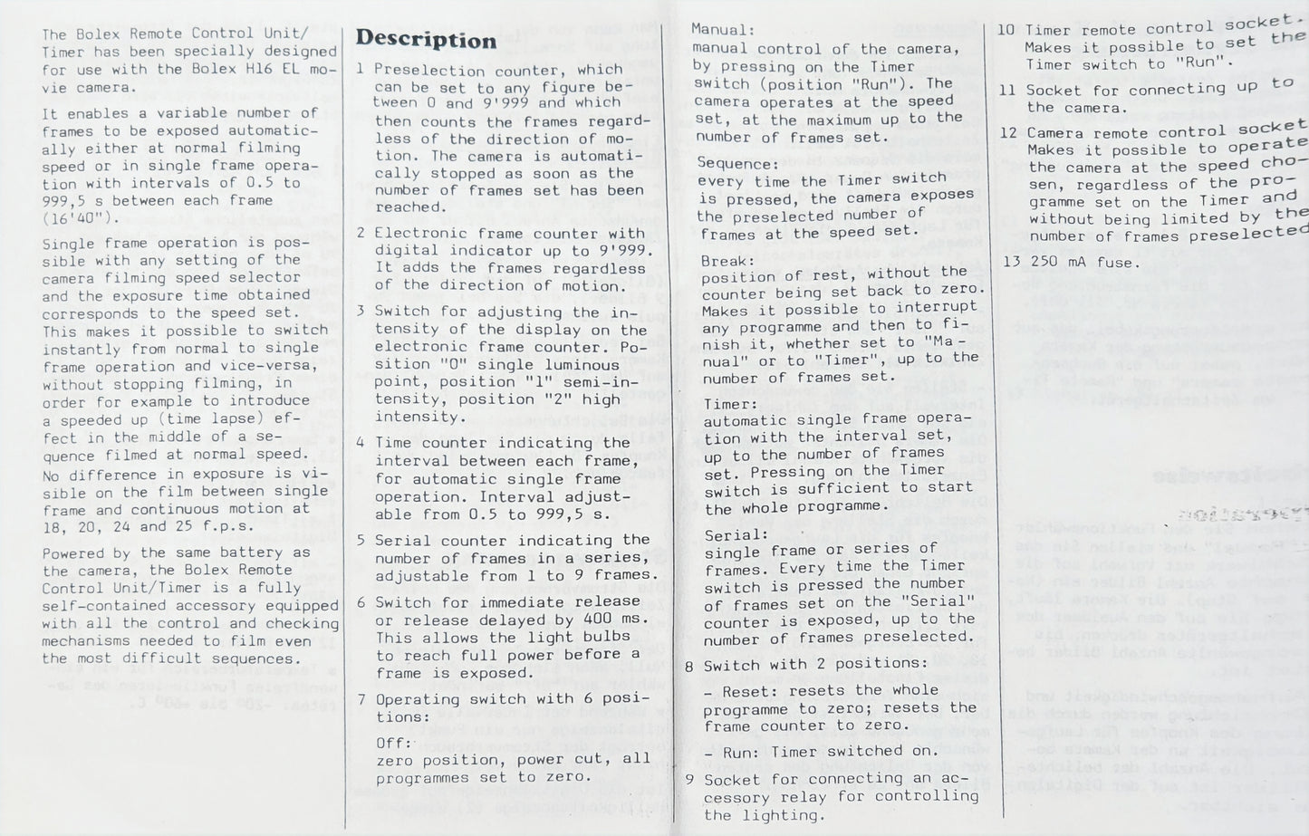 Bolex Remote Control Unit Timer for H16 EL Cameras S# 1135EL  with 5-pin cable